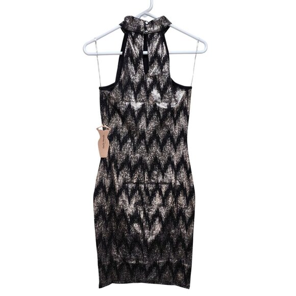 Chevron Print Bodycon Mini Dress Halter Neck Keyhole Back Haute Black Silver M - Picture 1 of 10